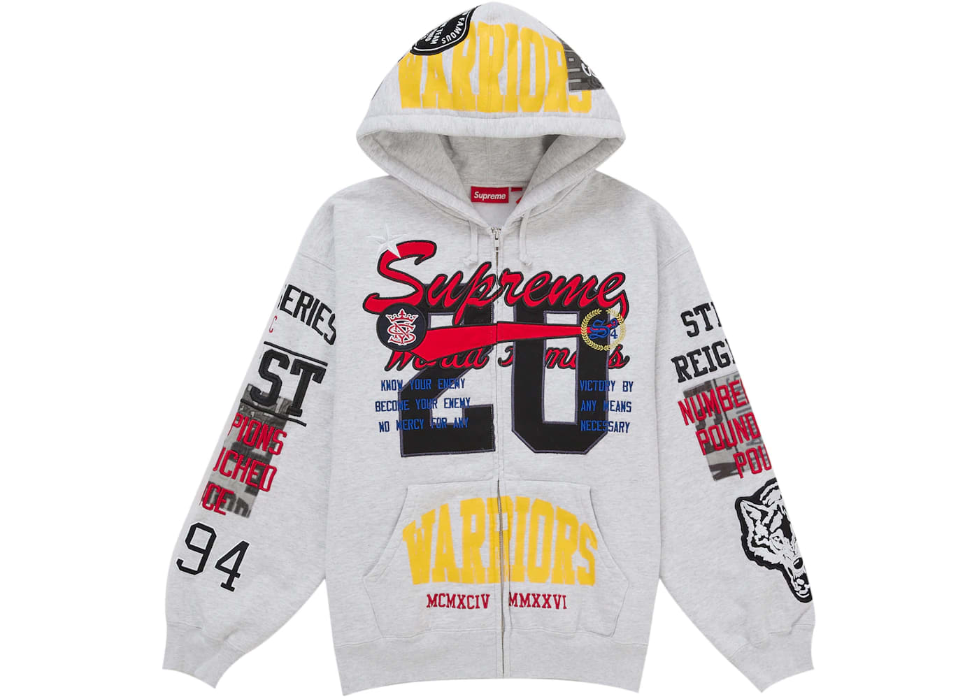 Supreme Warriors Applique Zip Up Hooded Sweatshirt Ash Grey